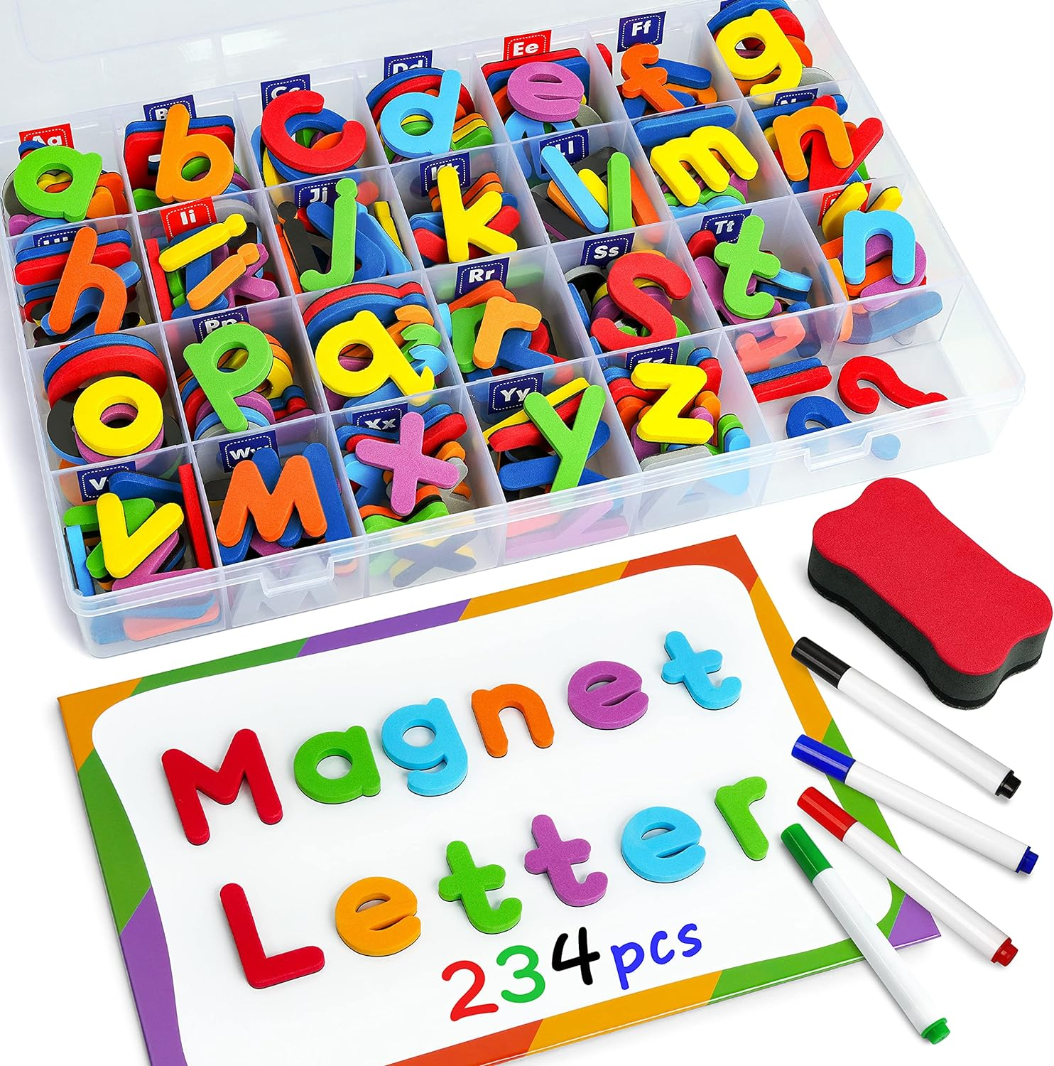 5400d583e6bb200507251b6009e9dc40.png Magnetic Letters 234 Pcs, Uppercase Lowercase Foam Alphabet ABC Fridge Magnets, Educational Toy Set for Classroom Kids Learning Spelling with Magnetic Board and Storage Box - Image 1