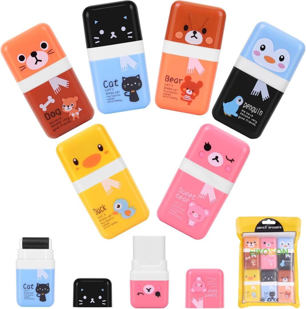 2ff68188cdbca47f67f8c53750716a1f.jpg Adorable Animal-Themed Pencil Erasers - 6 Pack with Roller & Cover, Perfect Gift for Kids' School Supplies! - Image 1