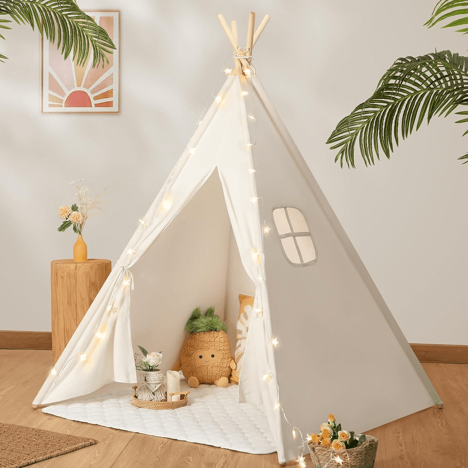 12b247bd1c56c91f55f71702240fe764.png Teepee Tent for Kids with Carry Case, Natural Canvas Teepee Play Tent, Toys for Girls/Boys Indoor & Outdoor Playing (White Teepee Tent) - Image 1
