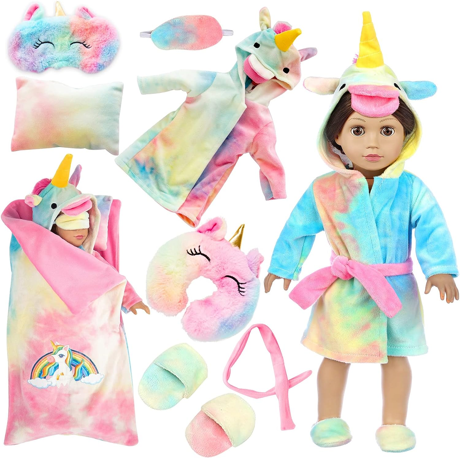 "Rainbow Unicorn Doll Costume Set with Matching Sleeping Bag - Perfect for 18 Inch Dolls!" - Image 1