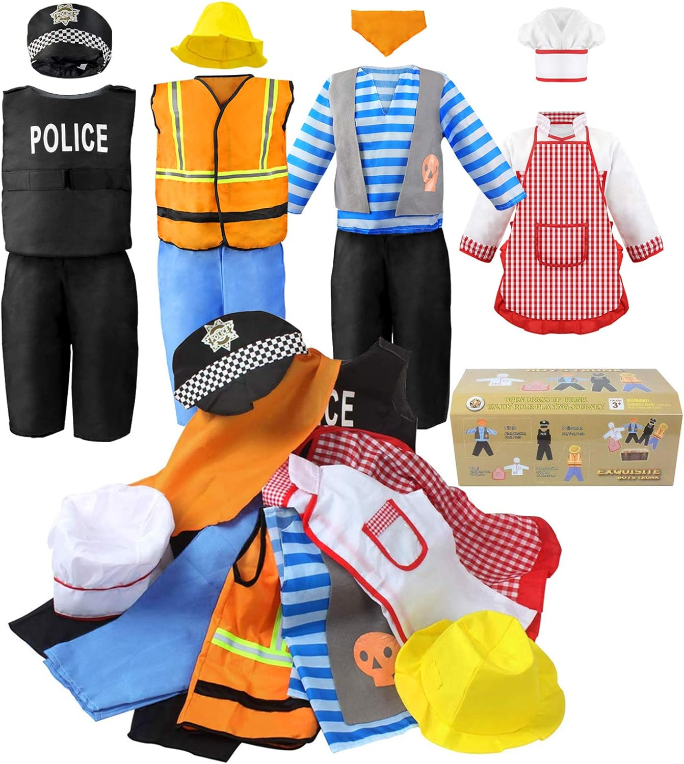 "Ultimate Role Play Costume Set for Boys - 11-Piece Trunk with Pirate, Chef, Construction Worker, Policeman Outfits - Ages 3-6" - Image 1