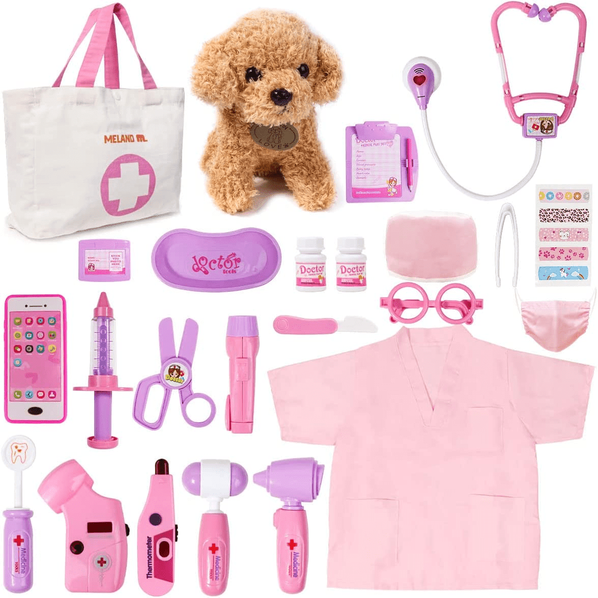 "Deluxe Toy Doctor Kit for Girls - Includes Dog Toy, Stethoscope, and Dress-Up Costume - Perfect Gift for Kids Ages 3-6!" - Image 1