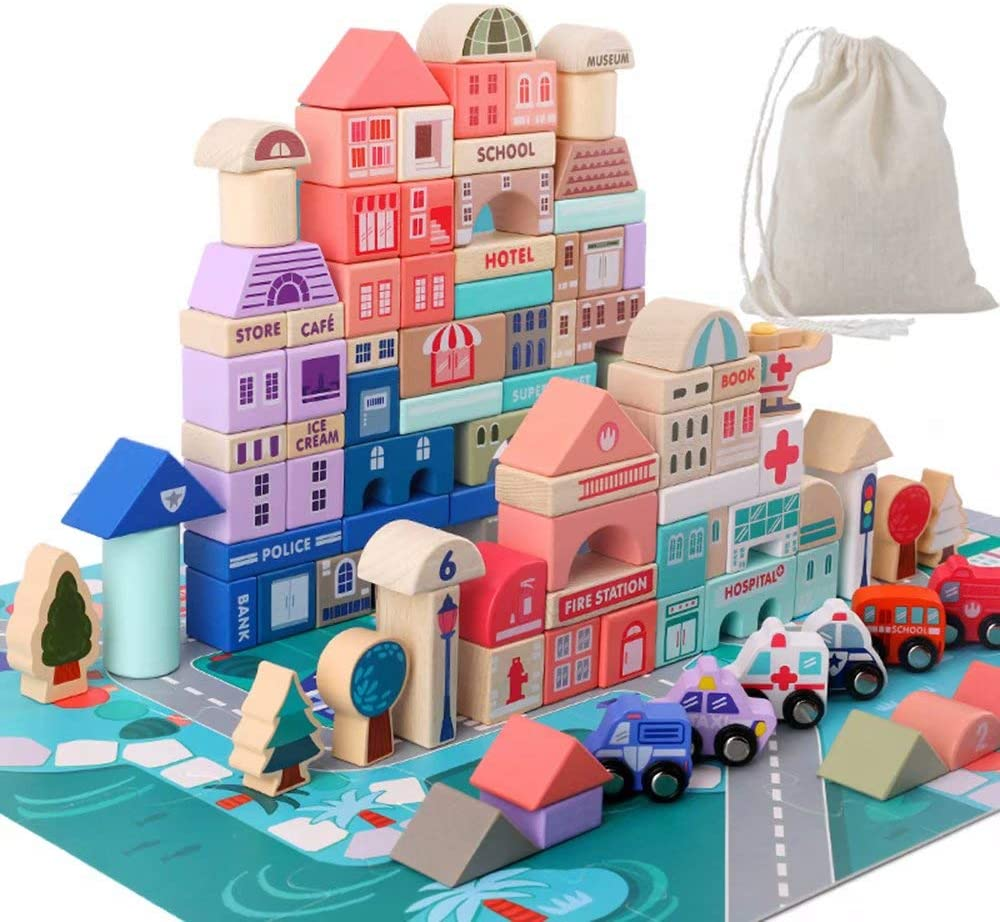 "City Construction Wooden Building Blocks Set - Educational Toddler Toy for 3+ Year Olds" - Image 1