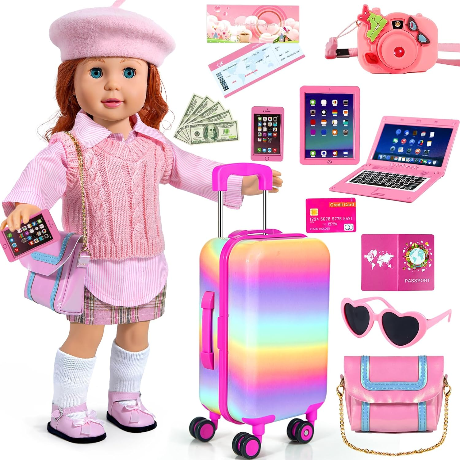 11d1a230e6102d3013afd906d52fe0b9.png "Doll Travel Adventure Set for 18-Inch Dolls - Includes Suitcase, Clothes, Accessories, and More!" - Image 1