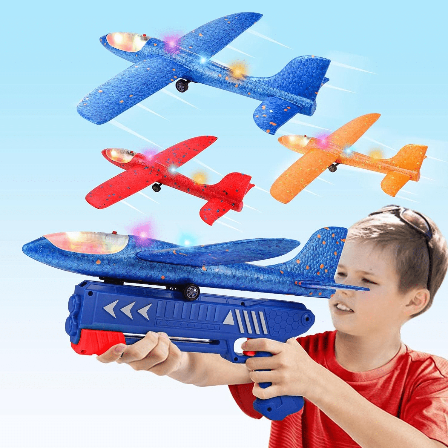 "LED Foam Glider Airplane Launcher - 3 Pack Outdoor Flying Toys for Kids Ages 4-12" - Image 1