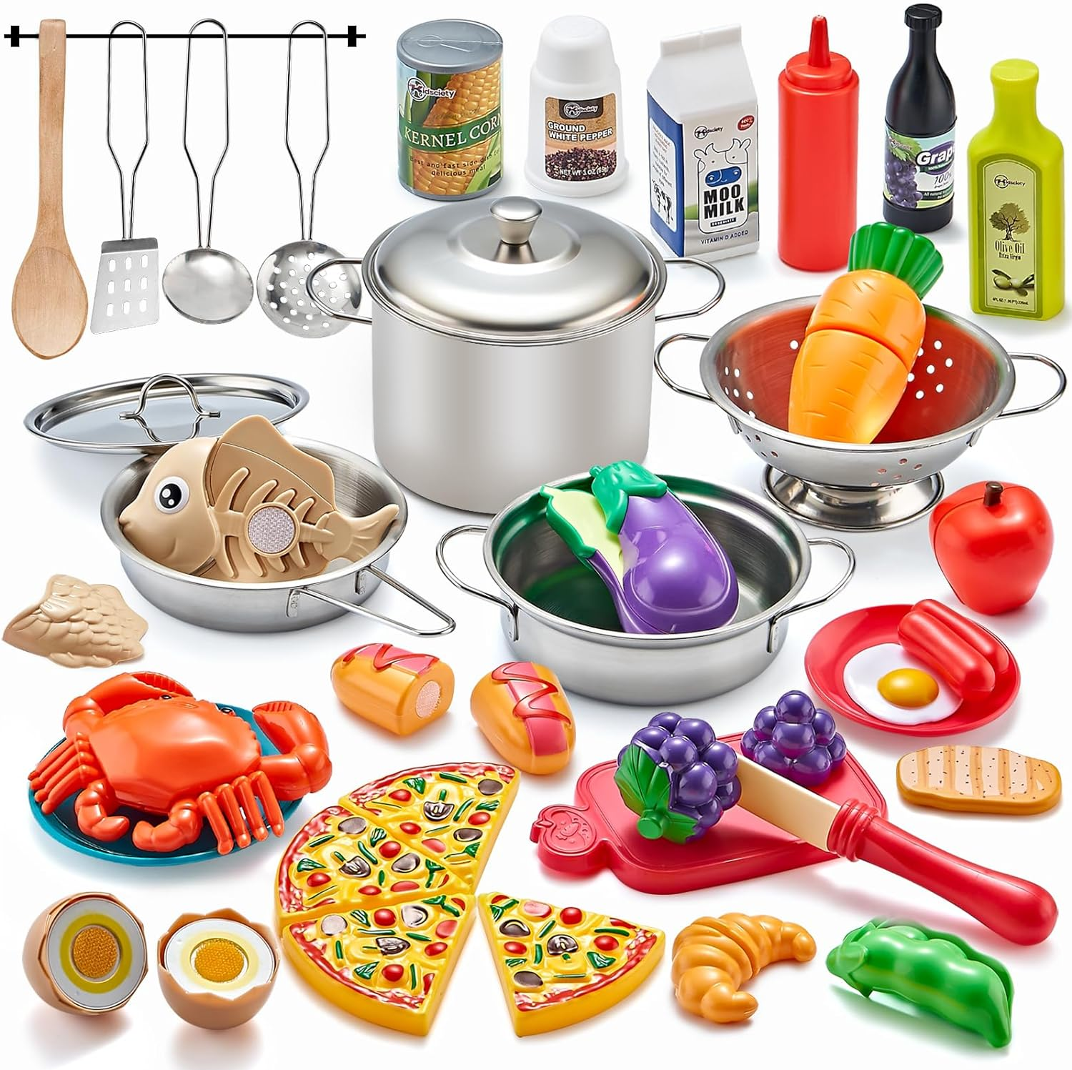 4cc143fcc8a9a43fe55eb3684871e123.png "Ultimate Kids Kitchen Playset: 52Pc Pretend Play Accessories with Stainless Steel Cookware, Play Food, and Cuttable Toy Food - Perfect Gift for Boys and Girls" - Image 1