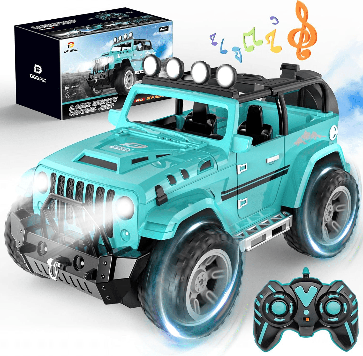 " 1:16 Remote Control Car with Fog Mist, Music, and 2 Batteries - All Terrain RC Truck for Boys with Trailer Hitch" - Image 1