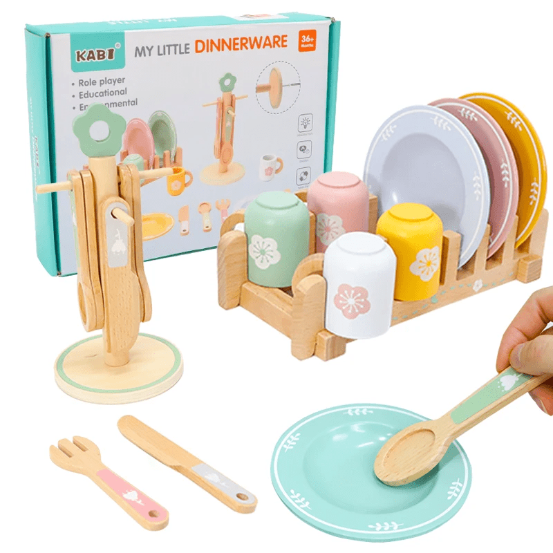Montessori Wooden Kitchen Pretend Play Set with Simulation Plates and Dishes - Kitchen Playset Toy for Toddlers Ages 3+ - Image 1