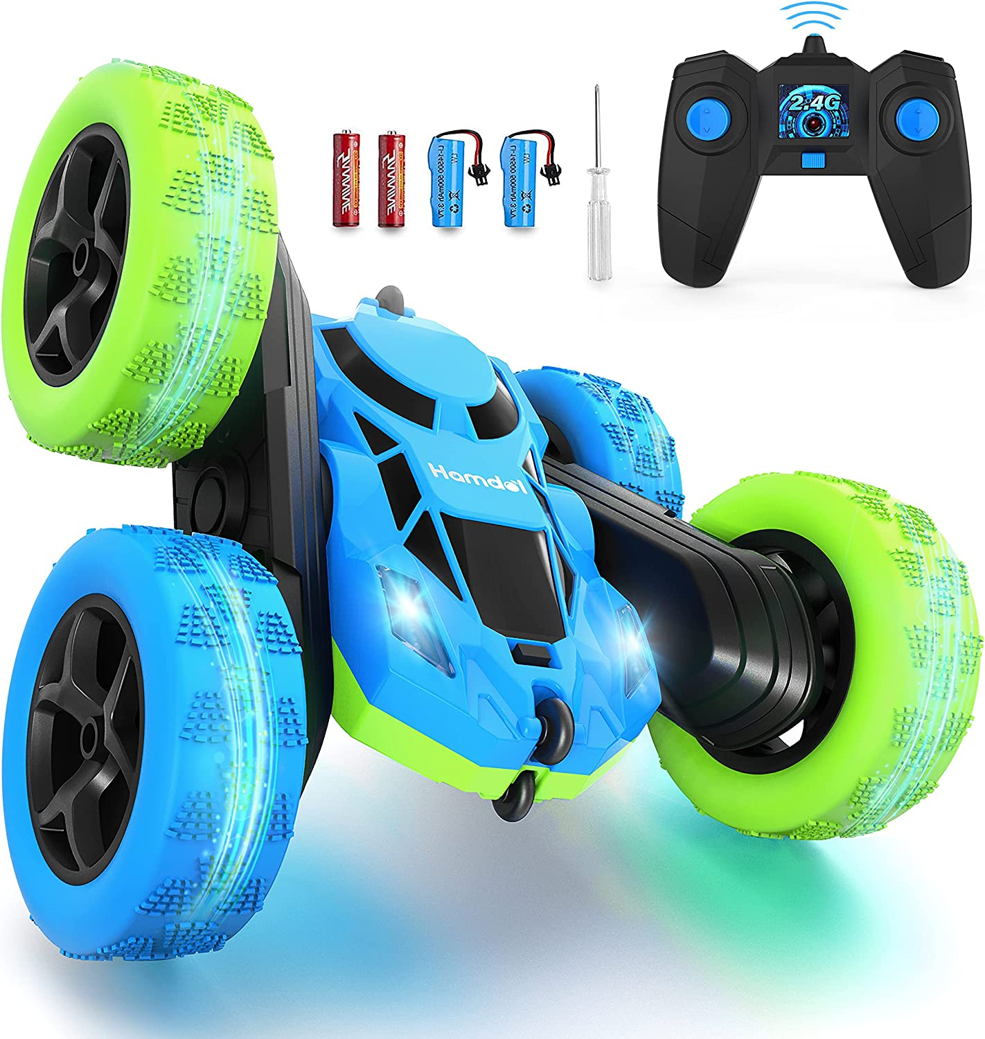 "360° Rotating Double Sided RC Stunt Car for Kids - Rechargeable Electric Race Toy with Headlights (Blue&Green)" - Image 1