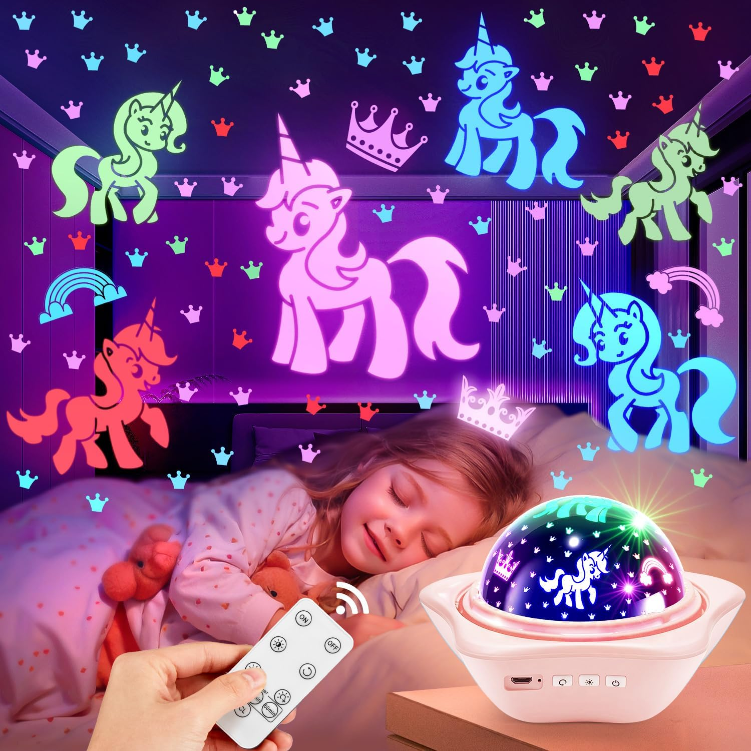 "Magical Unicorn Night Light Projector for Kids - Rechargeable, Dimmable, with Timer and Remote Control" - Image 1