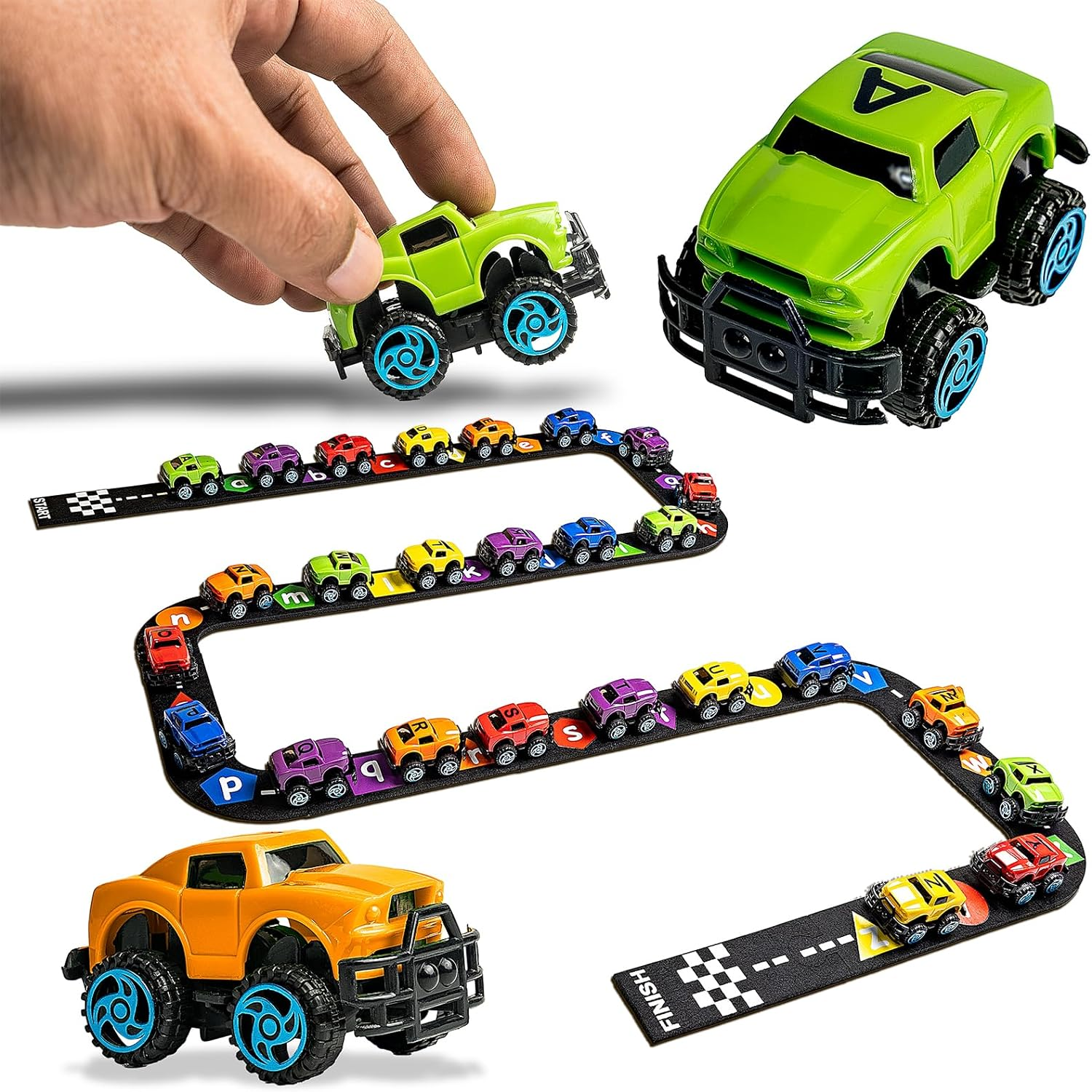26 Cars ABC Alphabet Learning Toys with 15 Piece Felt Track, Manipulatives for Preschoolers, Educational Toys, Car Toys for Kids, Sensory Activities for Toddlers, Classroom Must Haves - Image 1