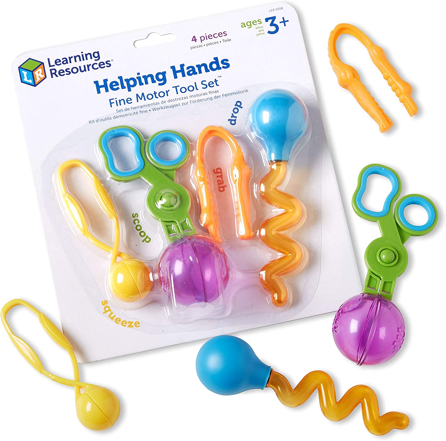 Helping Hands Fine Motor Tool Set Toy - 4 Pieces, Ages 3+ Fine Motor and Sensory Play Toys, Toddler Tweezers, Sensory Bin Toys - Image 1