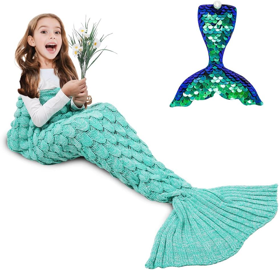 "Mermaid Dreams: Soft Crochet Mermaid Tail Blanket for Kids - Perfect Christmas Gift (Scalemint, Kids Size)" - Image 1