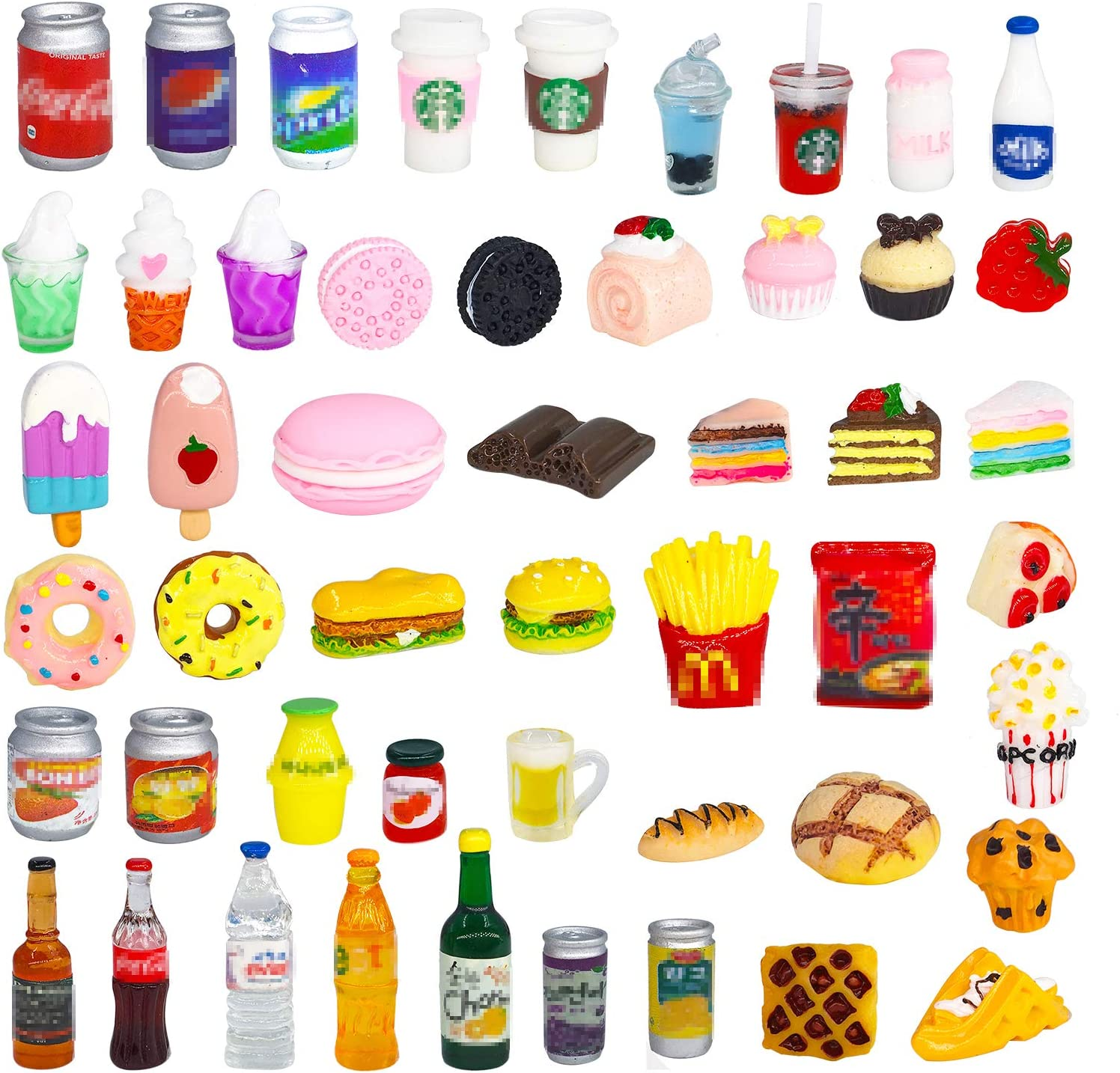50 Pcs Miniature Food Drink Bottles Soda Pop Cans Pretend Play Kitchen Game Party Accessories Toys Hamburg Cake Ice Cream for 1/12 Doll House (25Food+25Drink) - Image 1