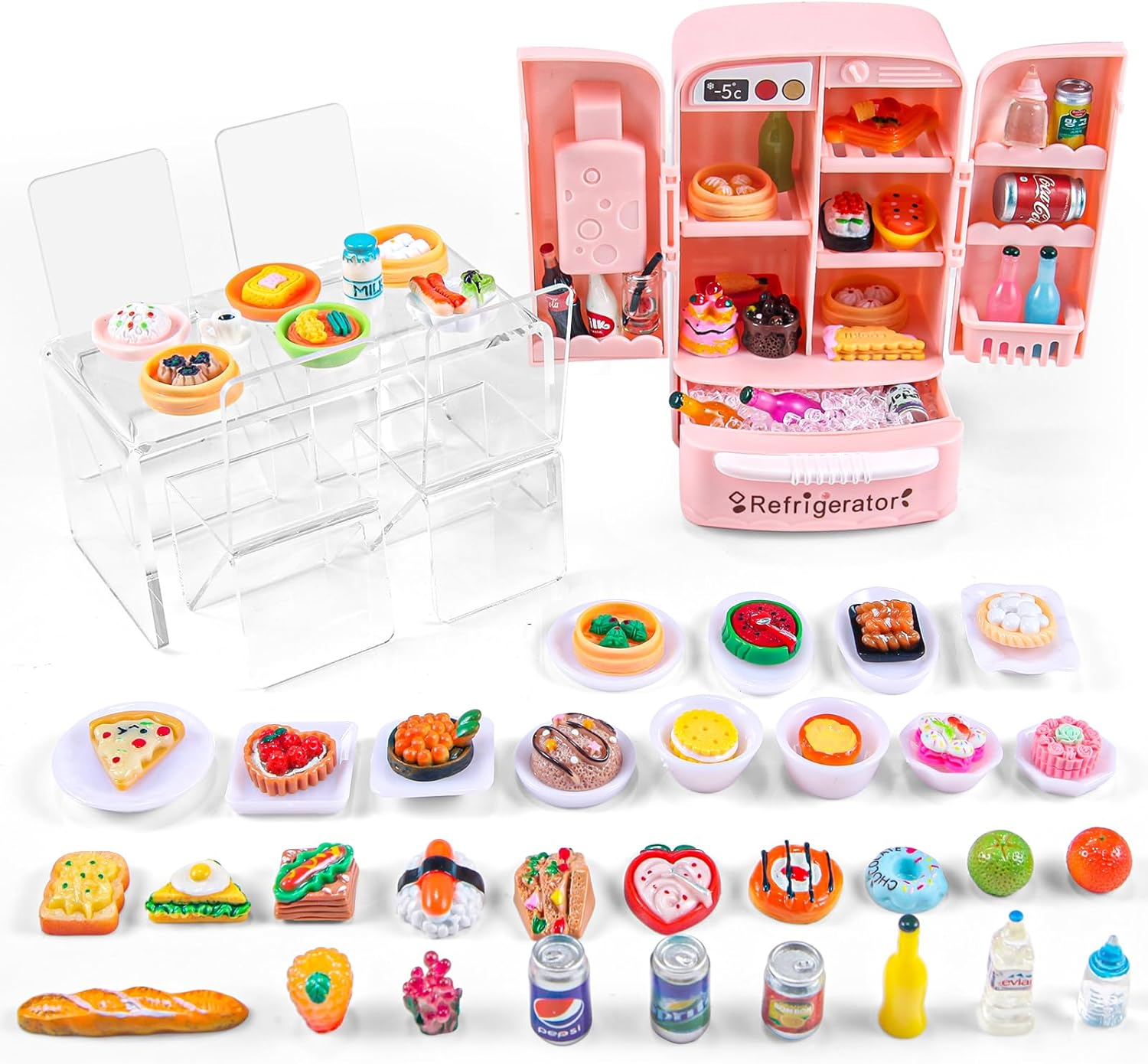 f1fa356306bf887c8849aaf9a170733b.png 95 Pcs Dollhouse Refrigerator Mini Fridge Table Dining Car Toy with Food Set Kitchen Furniture Miniatures Party Fruits Juice Milk Desserts for Children Drink Cake Pretend Play Game Fake Ice Cubes - Image 1