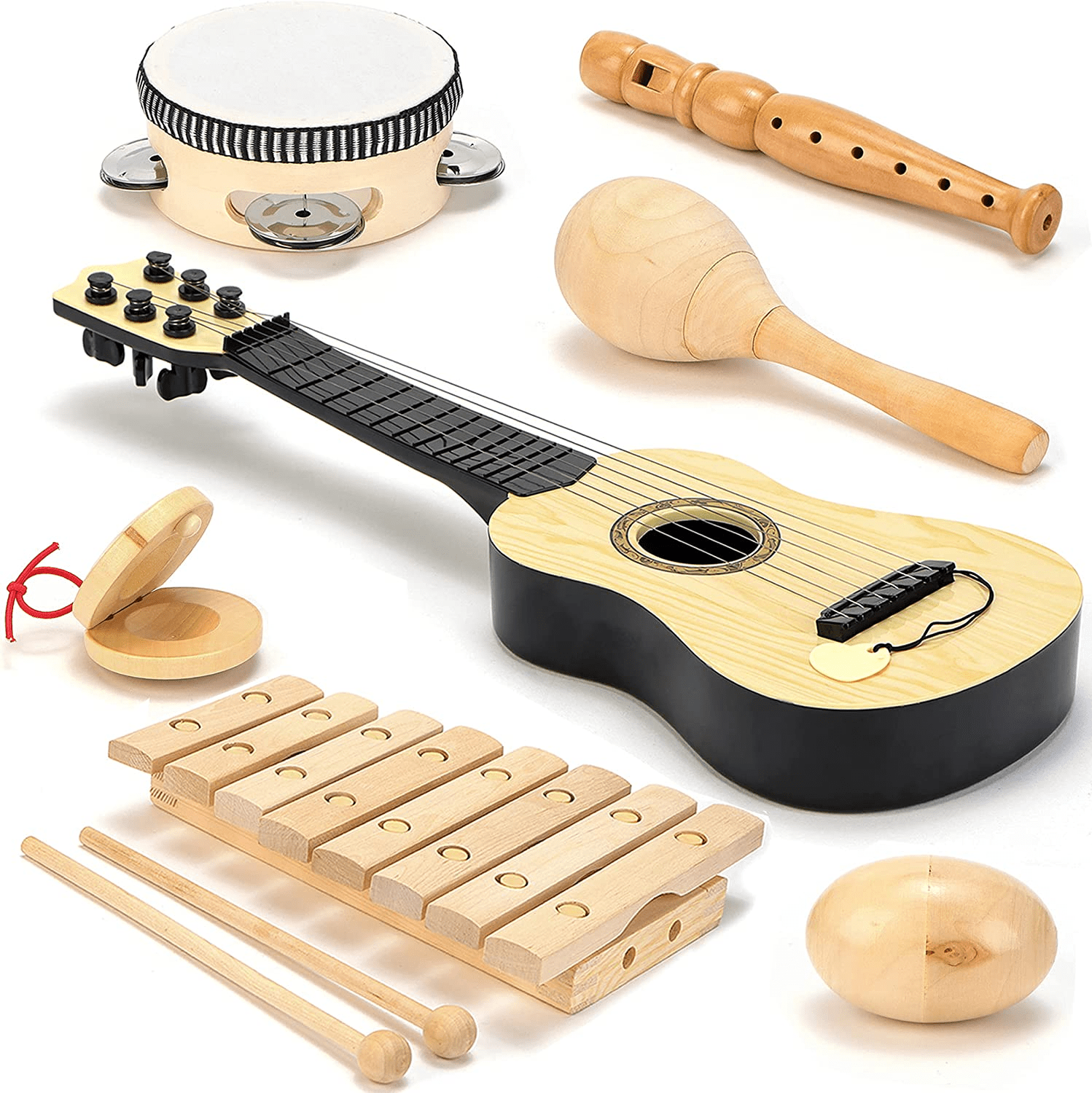 0dfbe7d47a486485e8f27762c9f63573.png "Delightful Natural Wooden Musical Instruments Set for Kids - Perfect for Preschool Learning & Fun! Includes Maracas, Guitar, Xylophone, Tambourine, Castanet, Shaker Egg, and Flute!" - Image 1