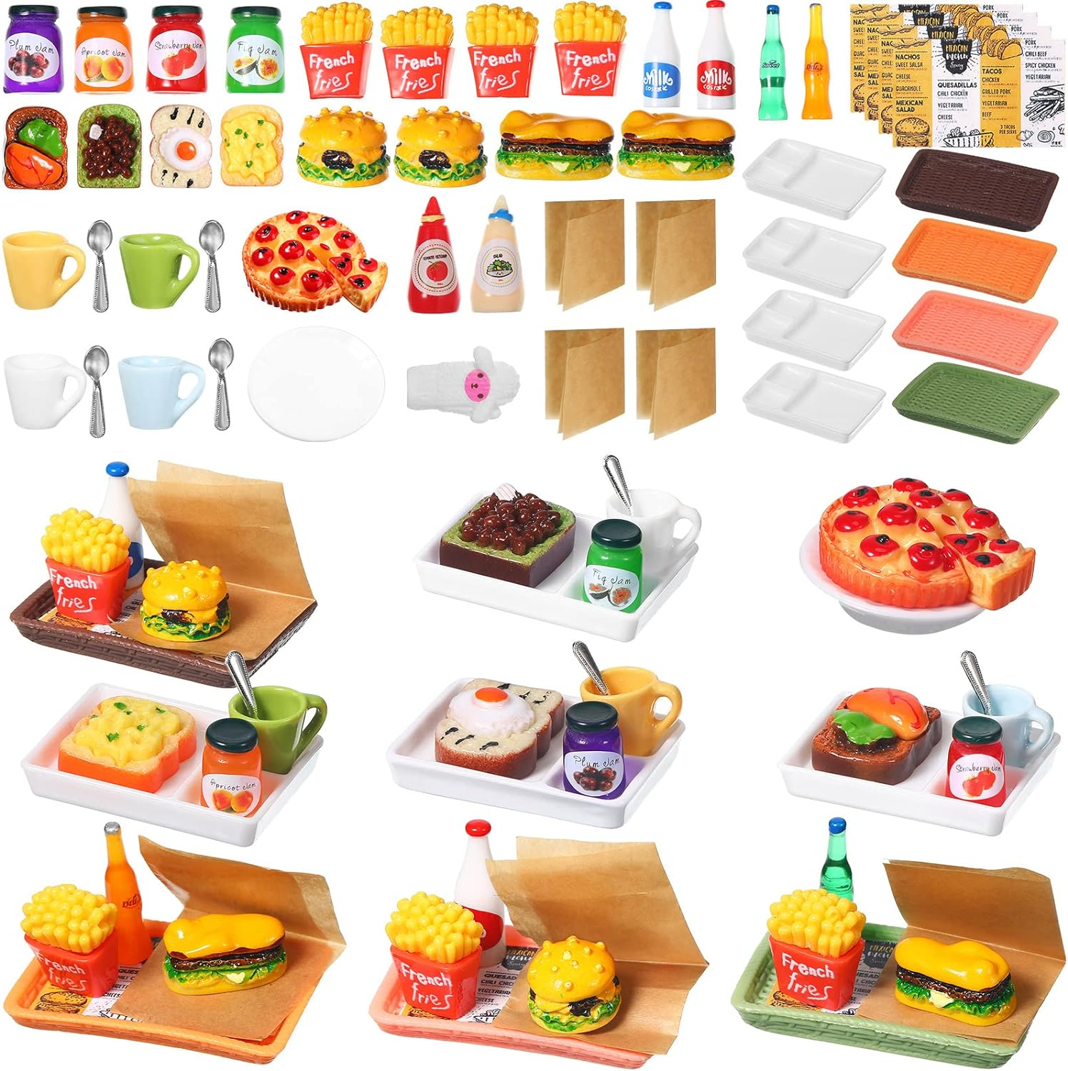 50 Pieces Dollhouse Miniature Fast Food Accessories Set Mixed Resin Food Drink Mini Hamburger Fries Juice Milk Bread Jam Cup Doll Kitchen Pretend Play Food for 1:12 Dollhouse and Cake Toppers Decor - Image 1