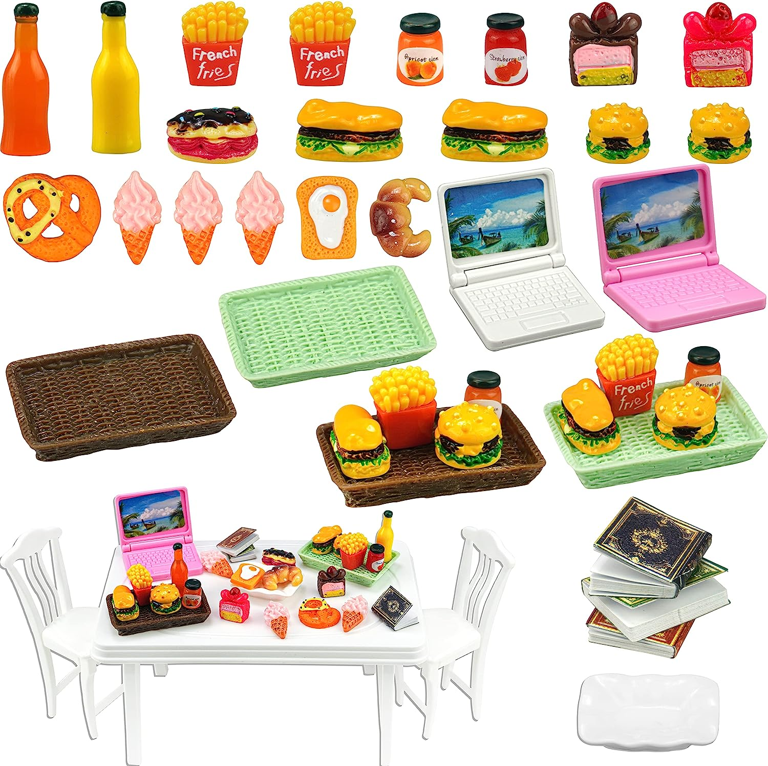 30 Pcs Miniature Food Drinks Laptop Computer Books Toys Dollhouse Miniature Furniture Plastic Table Fits Accessories Scale Dollhouse Playsets Girl Mini Drink Food Party - Image 1
