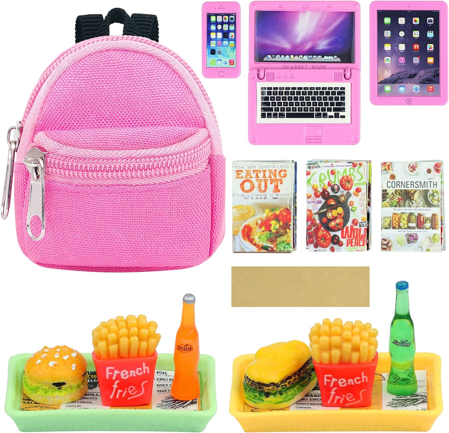 15 Pcs Doll Accessories Miniature Laptop Computer Tablet Phone Mini Backpack and Mini Food Including Burger Soda Set and Burger Hot Dog Set and Gourmet Magazine for 11.5 Inch Doll - Image 1
