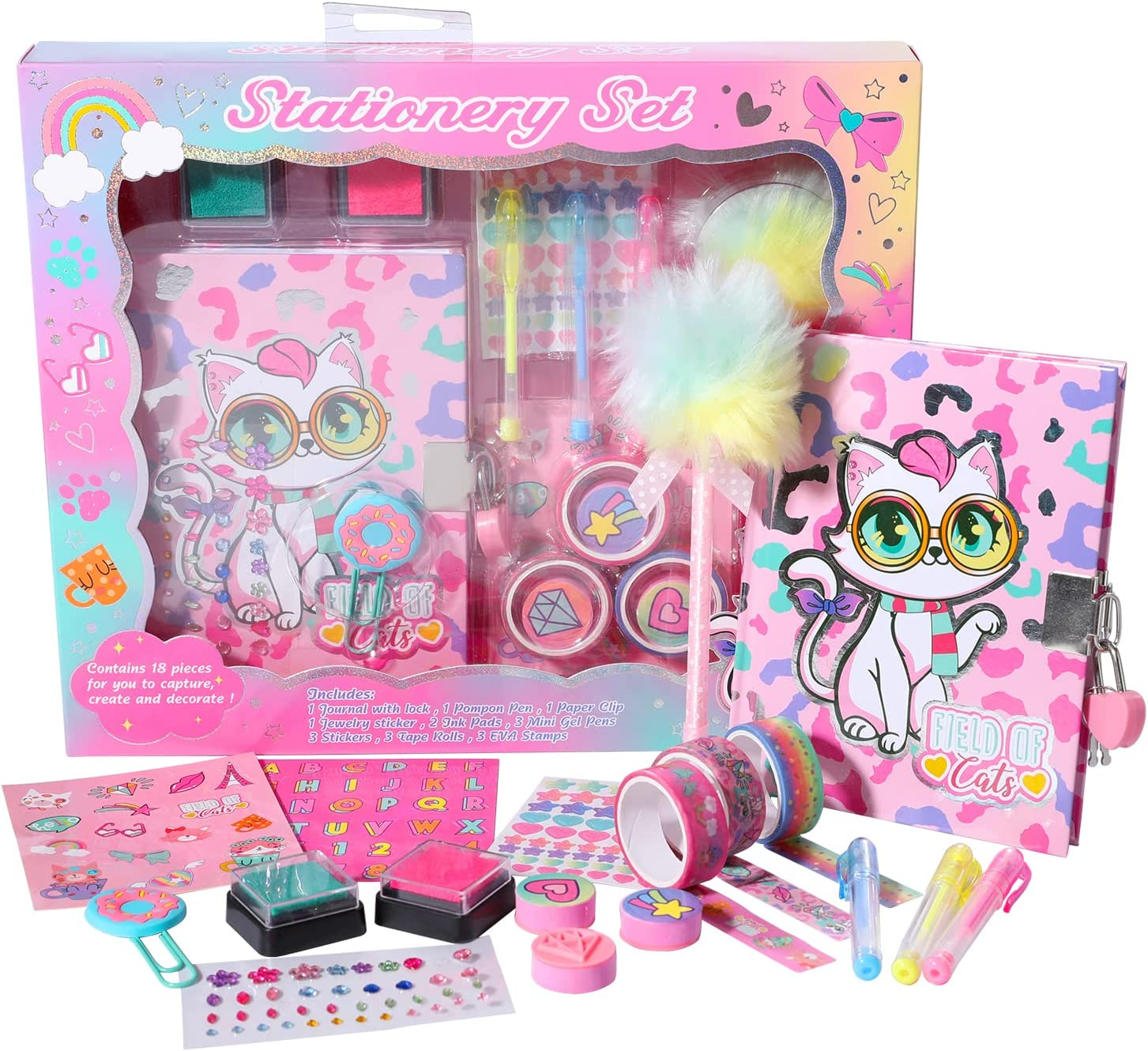 Adorable Cat Diary Set for Girls with Lock - Secret Journal, Stamps & Pens - Perfect Valentine’s Day Gift for Ages 5-10 - Image 1