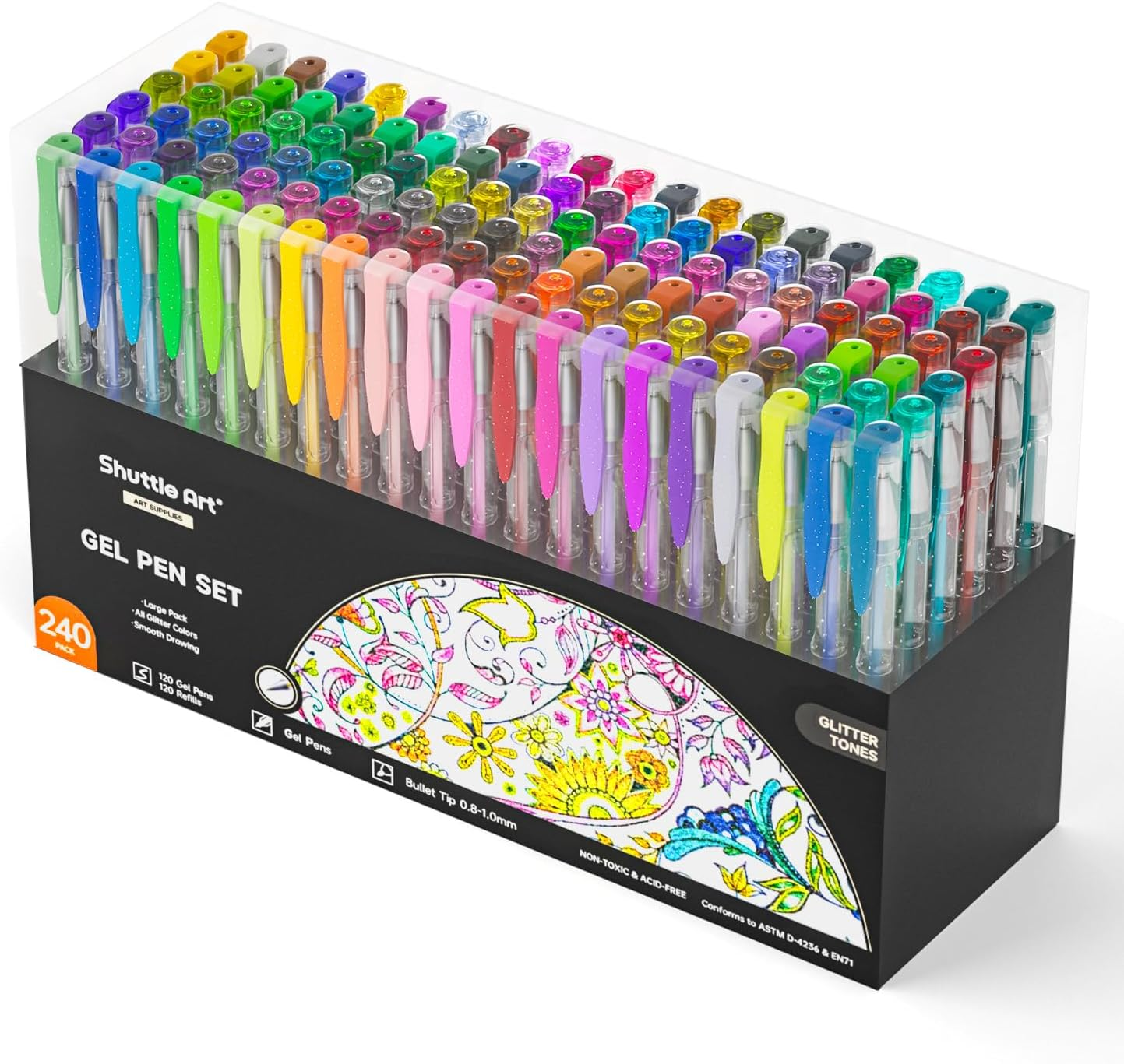 240 Pack Glitter Gel Pens - 120 Vibrant Colors with Refills for Stunning Adult Coloring and Crafting - Image 1