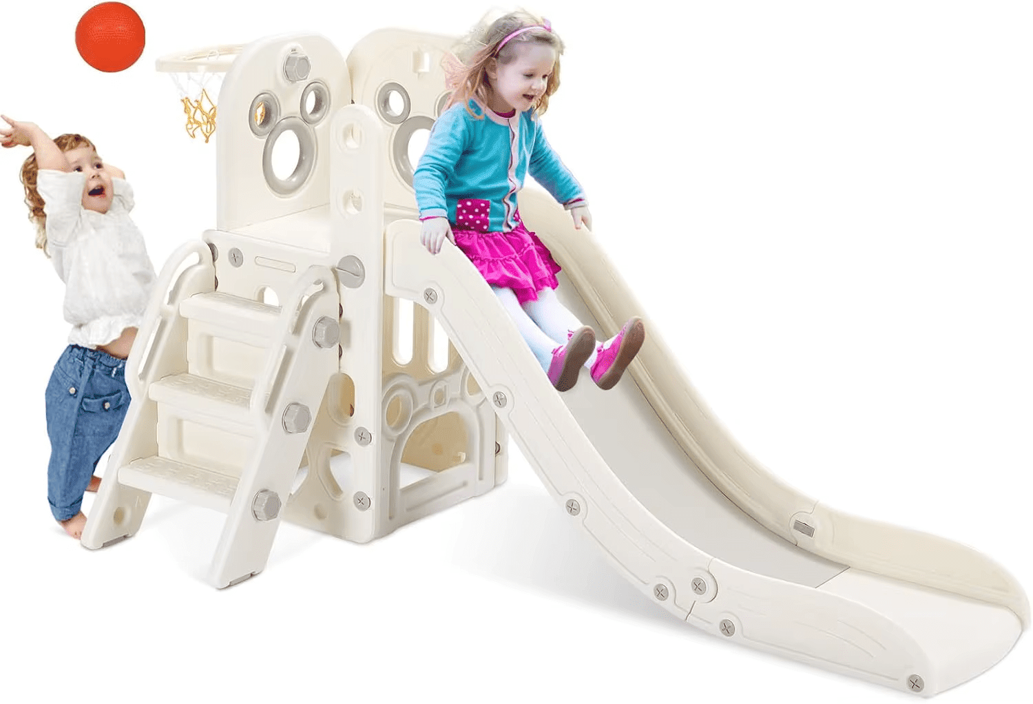 L-Shaped 5-in-1 Kids Slide Climber with Ball & Hoop, Storage Space, and Non-Slip Steps for Indoor/Outdoor Play - Image 1
