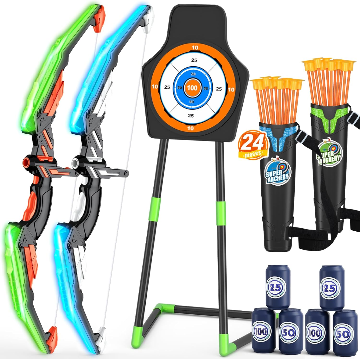 Ultimate LED Bow and Arrow Set for Kids - 2 Pack with 24 Suction Cup Arrows, Target & Quivers - Perfect Indoor/Outdoor Sport Gift for Boys & Girls Ages 4-8! - Image 1