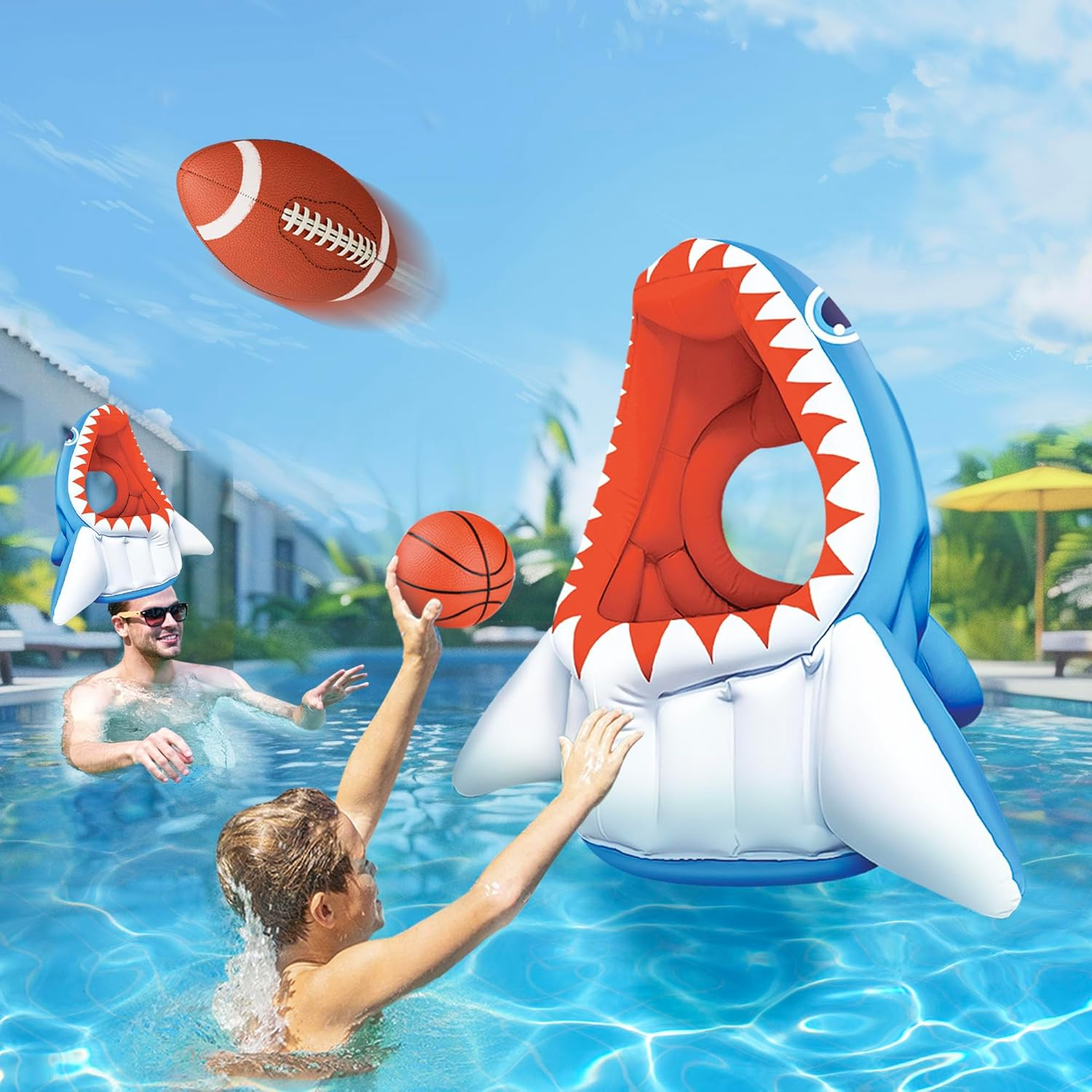 Ultimate Shark Pool Toy for Kids - 3-in-1 Inflatable Float Game with Basketball, Football, and Toss - Perfect Summer Fun for Ages 3-8! - Image 1