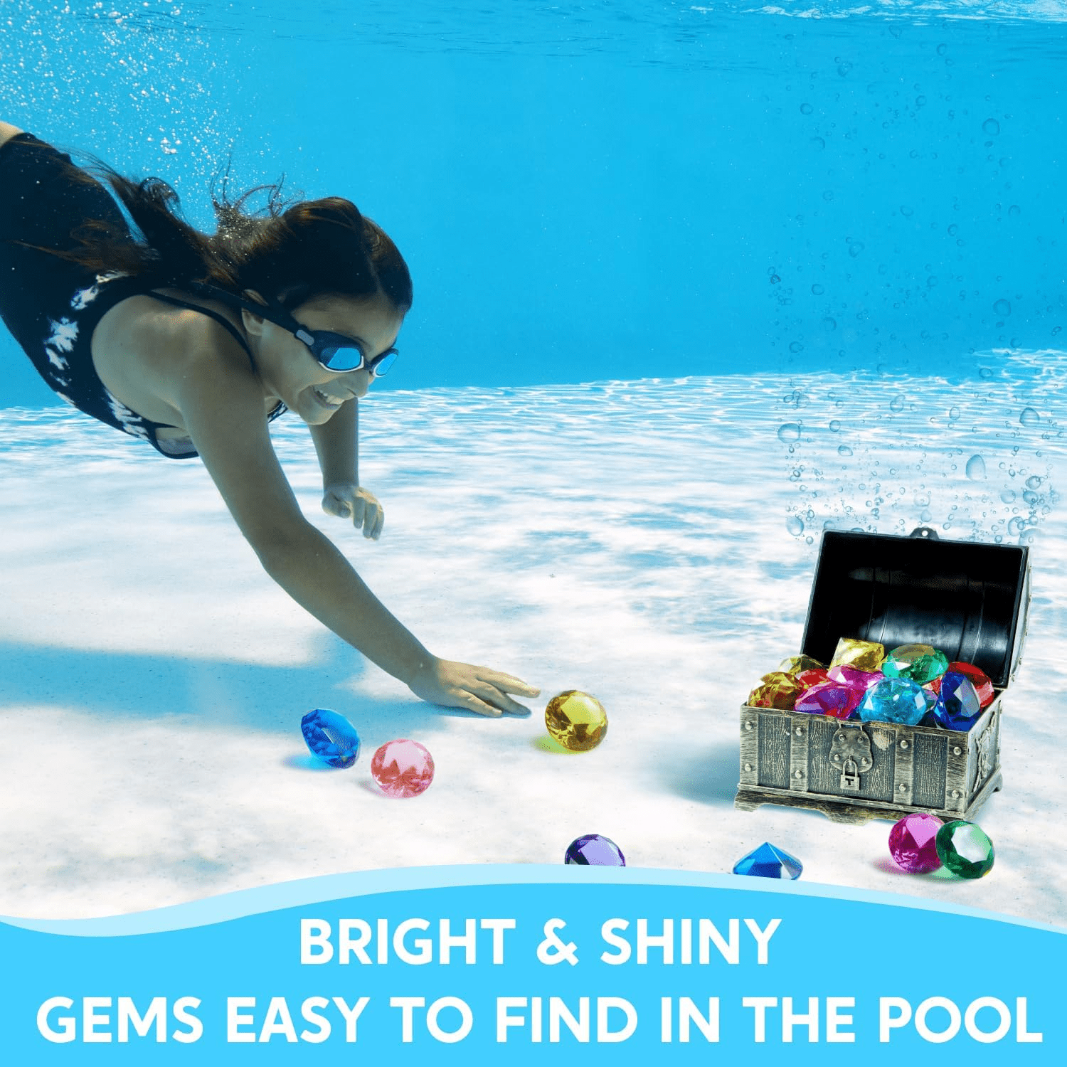 Diving Gems Pool Toys - 16 Colorful Diamond Treasure Set with Pirate Chest for Underwater Fun and Swim Training - Perfect Gift for Kids! - Image 1
