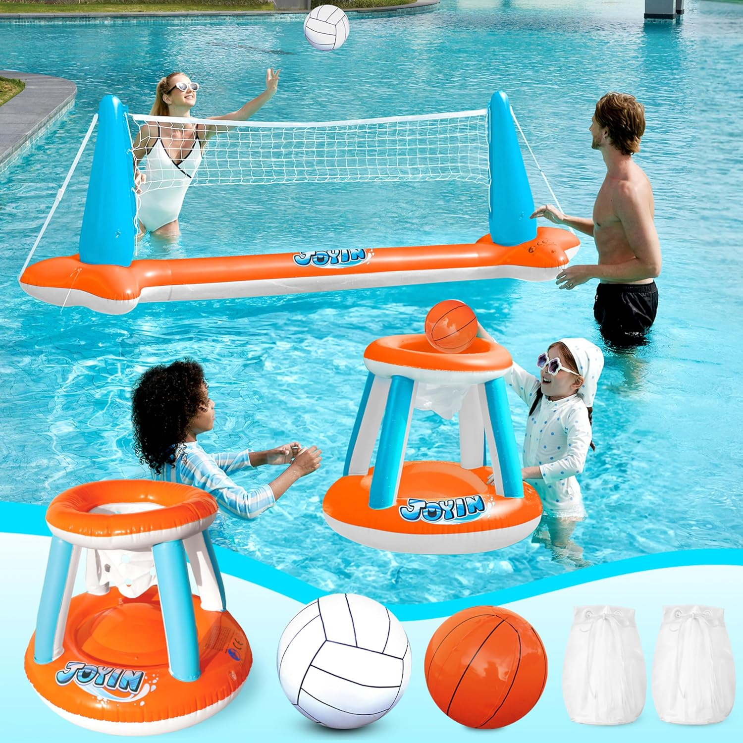 Inflatable Pool Float Set - Volleyball Net & Basketball Hoops for Ultimate Summer Fun - Perfect for Kids and Adults - L-Orange - Image 1