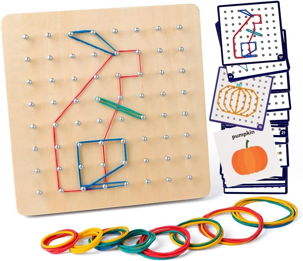 Wooden Geoboard - 30 Pattern Cards & Latex Bands for STEM Learning, 8x8 Brain Teaser Educational Toy for Kids - Image 1