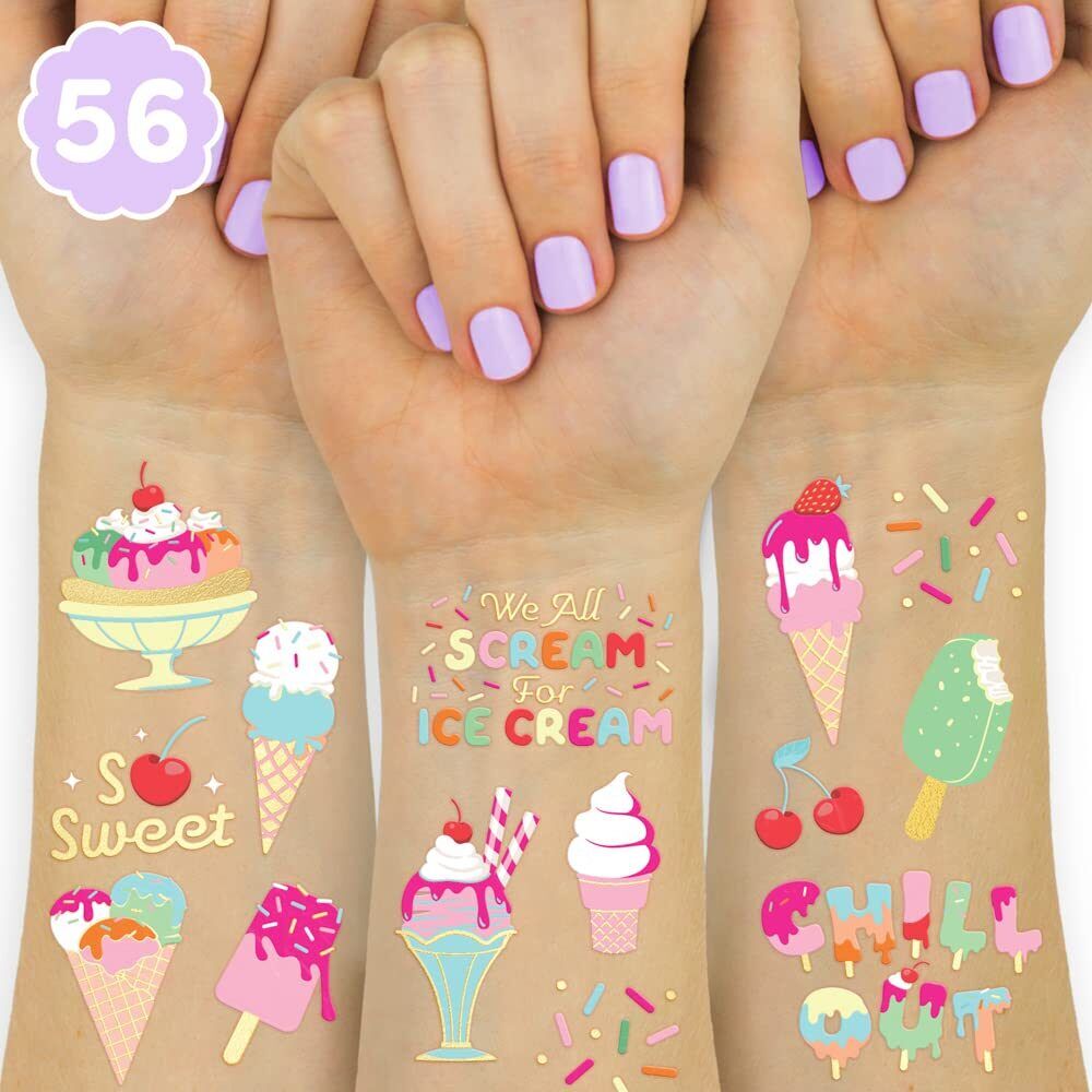 Glittery  Ice Cream Birthday Party Temporary Tattoos for Kids - 56 Fun Designs for Sweet Celebrations and Arts & Crafts! - Image 1
