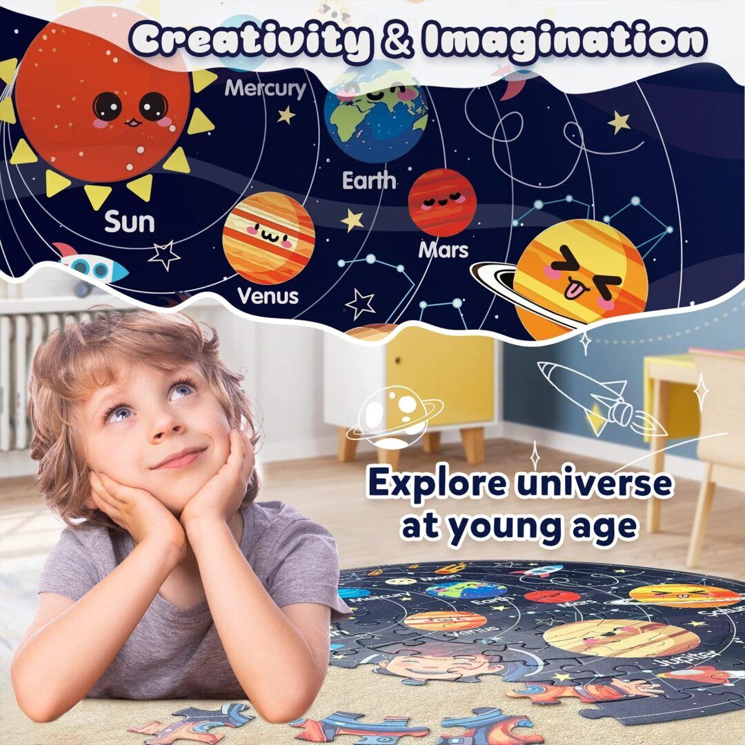 Large 70-Piece Round Floor Puzzles Featuring Solar System Planets for Children Ages 3-6 - Image 1