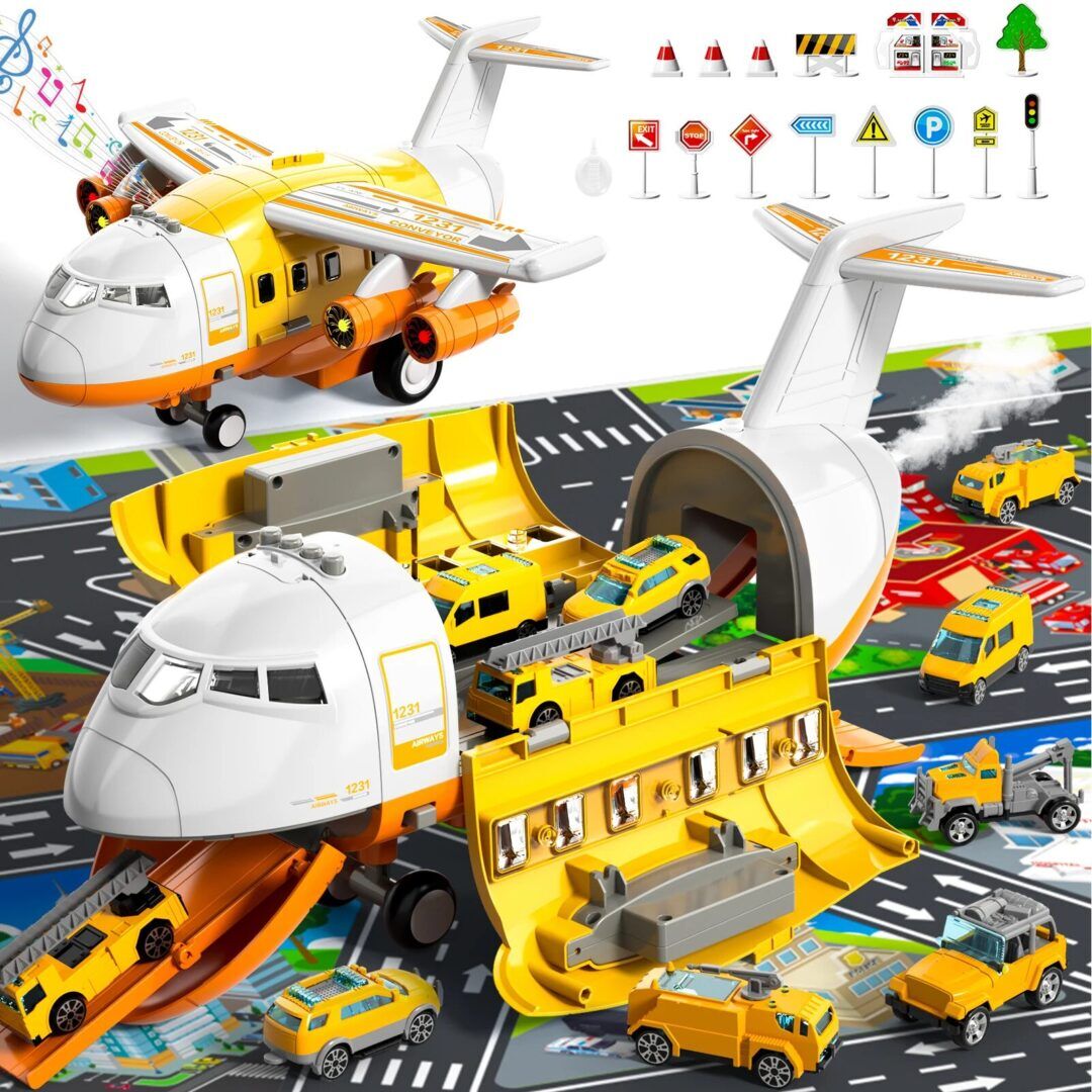Large Transport Spray Airplane Toy Set for Kids Aged 4-8 with 10 Fire Truck Vehicles - Ideal Birthday Gift for Boys and Girls - Image 1