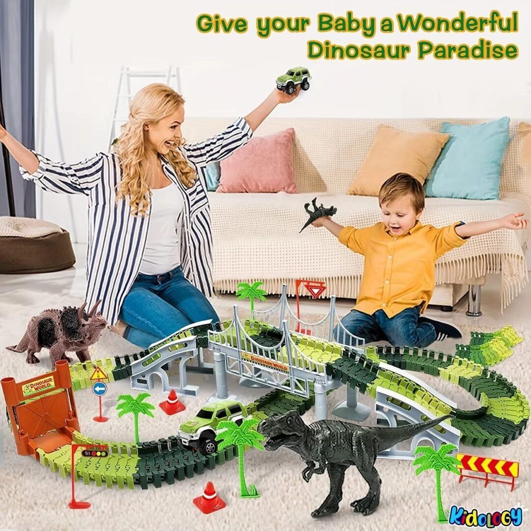 Dinosaur-Themed Race Track Set with 458 Pieces, Including Flexible Tracks, Electric Cars, and Dinosaur Figurines - Perfect for Boys - Image 1