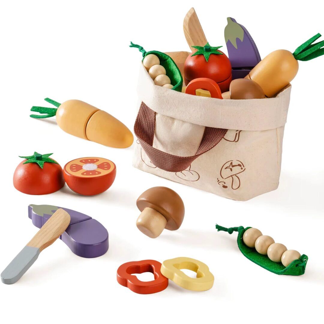 ROBUD Wooden Pretend Play Food Set - Cutting Toy Kitchen Accessories with Storage Bag for Children - Image 1