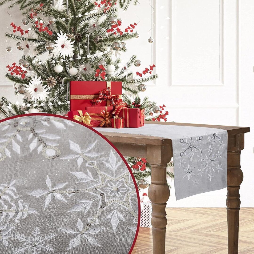 e89f824e0aa92b3c4ffed70e35f79fa5.jpg Elegant Snowflake Silver Grey Christmas Table Runner - Embroidered Sequins & Diamonds - 14x70 Inch Holiday Decor for a Glittering Winter Home - Image 1