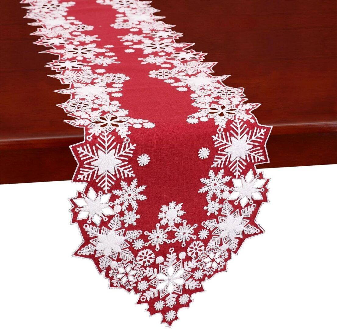Christmas Snowflake Embroidered White Table Runner - Elegant Red Accent, 14x70 Inches for Winter Decor - Image 1