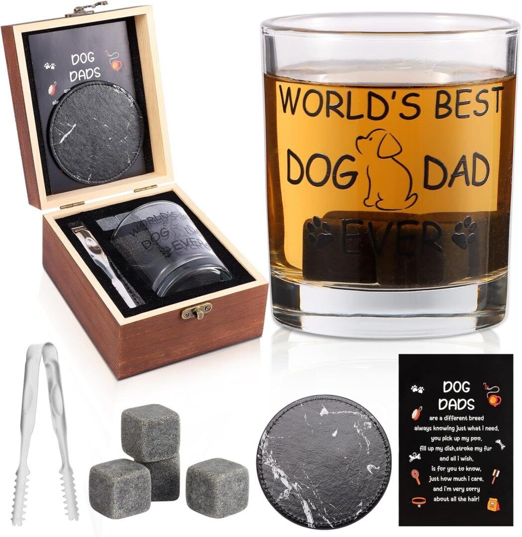 0b90d10e685b60acb3a7ee6a00c8df2f.jpg Ultimate Dog Dad Gift Set: 12oz Whiskey Glasses, Chilling Stones, Coaster & Wooden Box for the Perfect Dogfather - Image 1