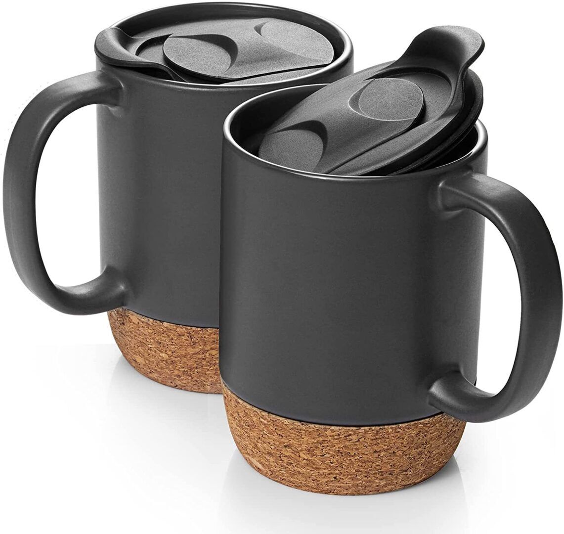 15 Oz Large Ceramic Coffee Mugs Set of 2 - Stylish Matte Grey with Cork Bottom & Spill-Proof Lid for Coffee Lovers - Image 1