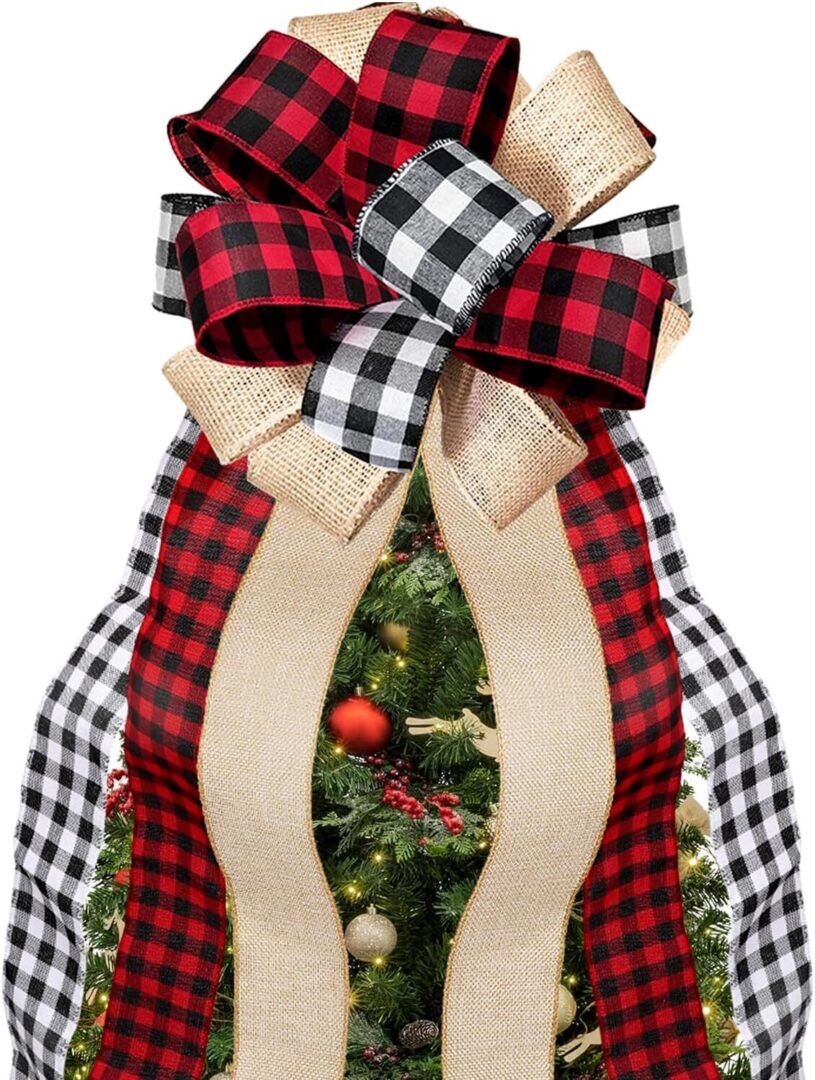 efc008c87d1097586ac229c904c533f2.jpg Large Buffalo Plaid Burlap Red and Black Christmas Tree Topper Gift Bow - Handmade Holiday Decoration (13 x 29 Inch) - Image 1