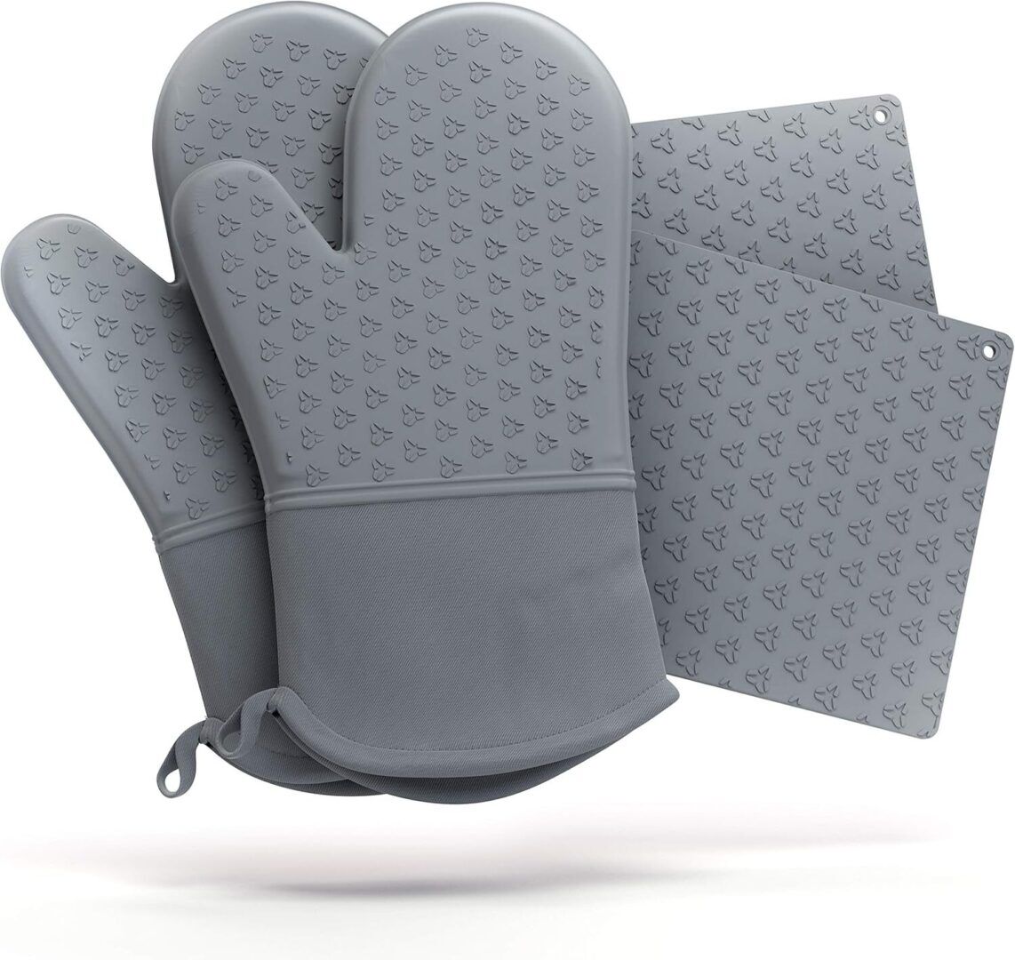 Cosy House 4-Piece Heat Resistant Silicone Oven Mitt & Pot Holder Set - Flexible, Durable, Comfortable - Perfect for Cooking, Baking & Grilling (Grey) - Image 1