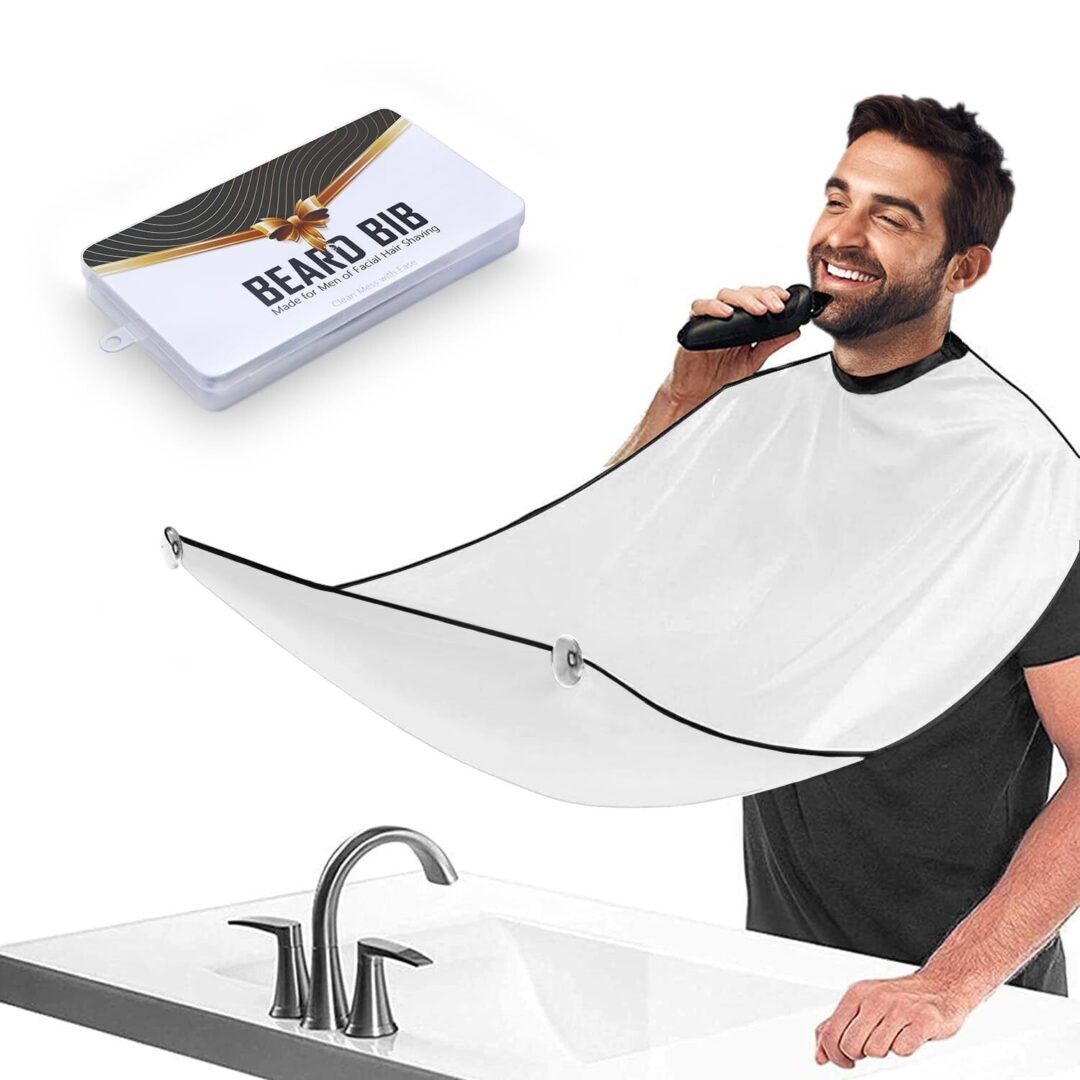 Beard Bib Apron for Men, Christmas Day Gift Beard Trimming Catcher Bib for Shaving & Hair Clippings, Waterproof Non-Stick Hair Catcher Grooming Cloth with 2 Suction Cups(White) - Image 1