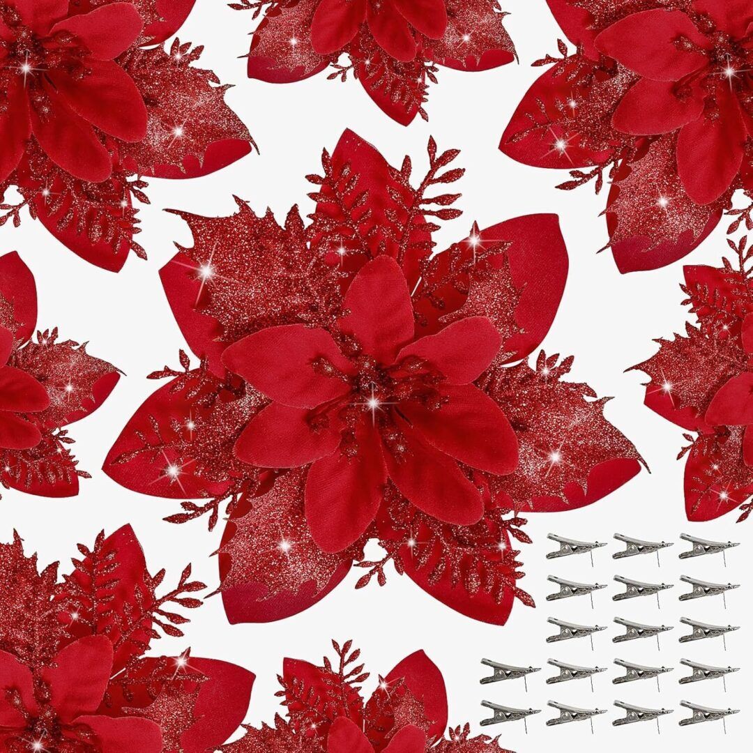 902fec8ec1d8282b1324c5e2c4b11a3b-1.jpg 15 PCS Glitter Poinsettia Flowers with Clips - Perfect for Christmas Tree, Wreaths, and Holiday Decor - Image 1
