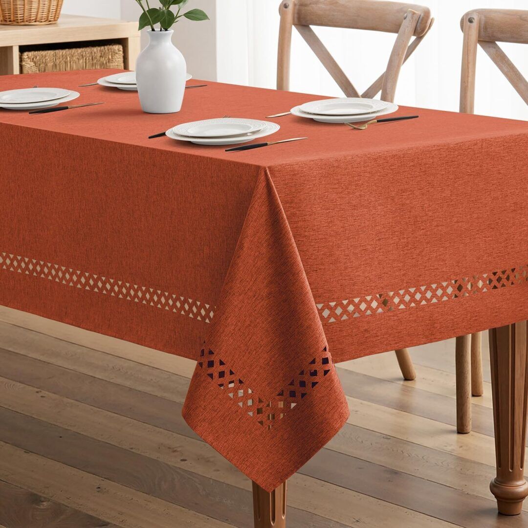 Burnt Orange Rectangle Linen Polyester Fall Thanksgiving Tablecloth with Decorative Cutouts Waterproof Stain Resistant Table Cloth 60X84 Inch Farmhouse Style for Dining Wedding Party - Image 1