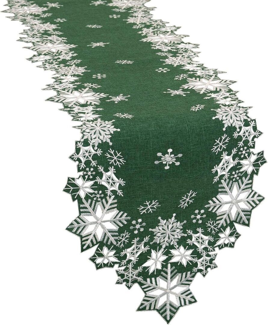 Elegant Green Snowflakes Embroidered Table Runner for Christmas - 14x54 Inches - Image 1