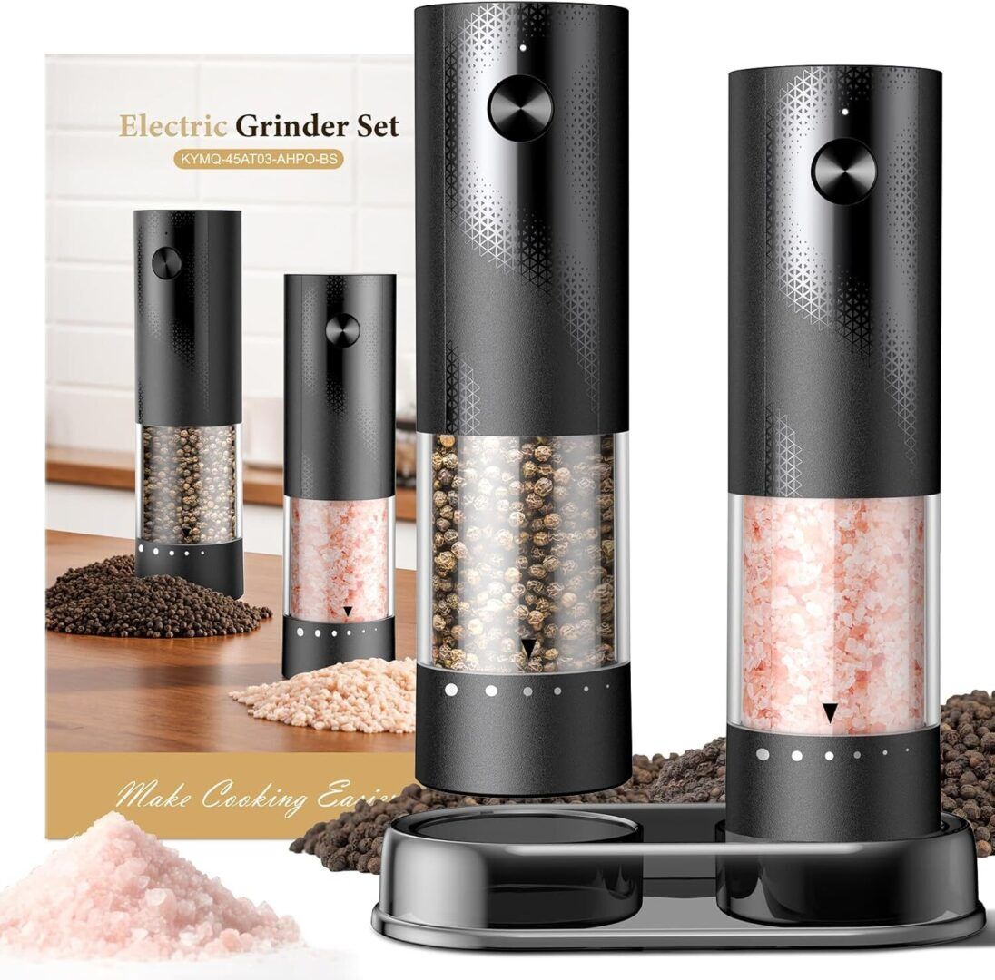 Electric Salt and Pepper Grinder Set - Rechargeable Automatic Salt and Pepper Shakers, Kitchen Appliances with External Adjustable Coarseness, Larger Hopper for Cooking, Home Gifts(2 Pack,Black/Black) - Image 1