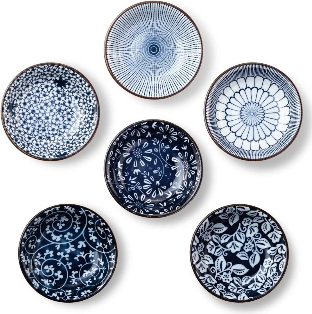 Stylish Vintage Blue Ceramic Dipping Bowls - Set of 6 Mini Appetizer Plates for Condiments, Sushi, and BBQ - 3 OZ, 4 Inch - Image 1