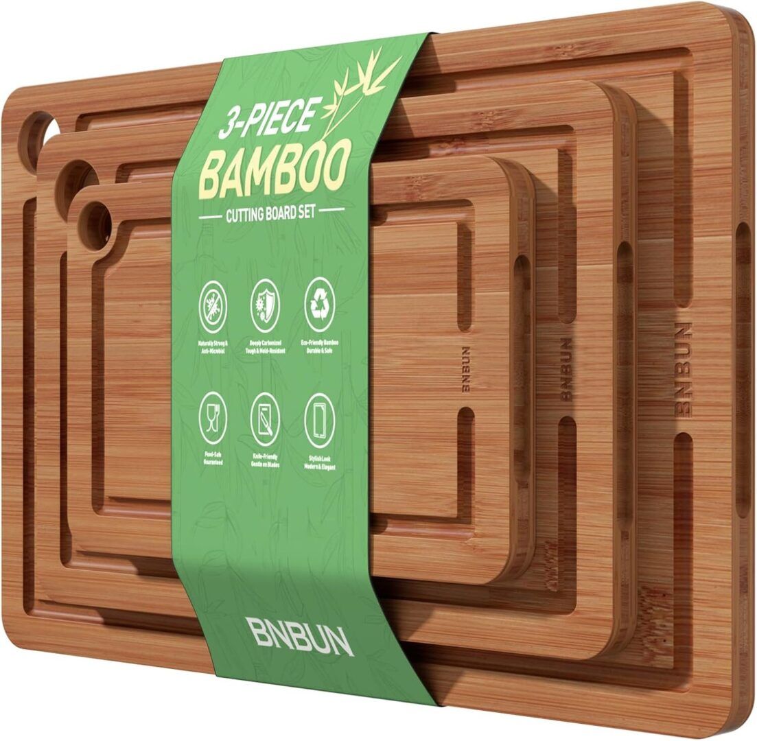 Bamboo Cutting Board for Kitchen, Wooden Cutting Board 3-Piece Set with Non-Slip Mat Deep Juice Groove and Built-In Handles, Wood Cutting Board for Meat Vegetables Fruit Ideal Gift for the Home - Image 1