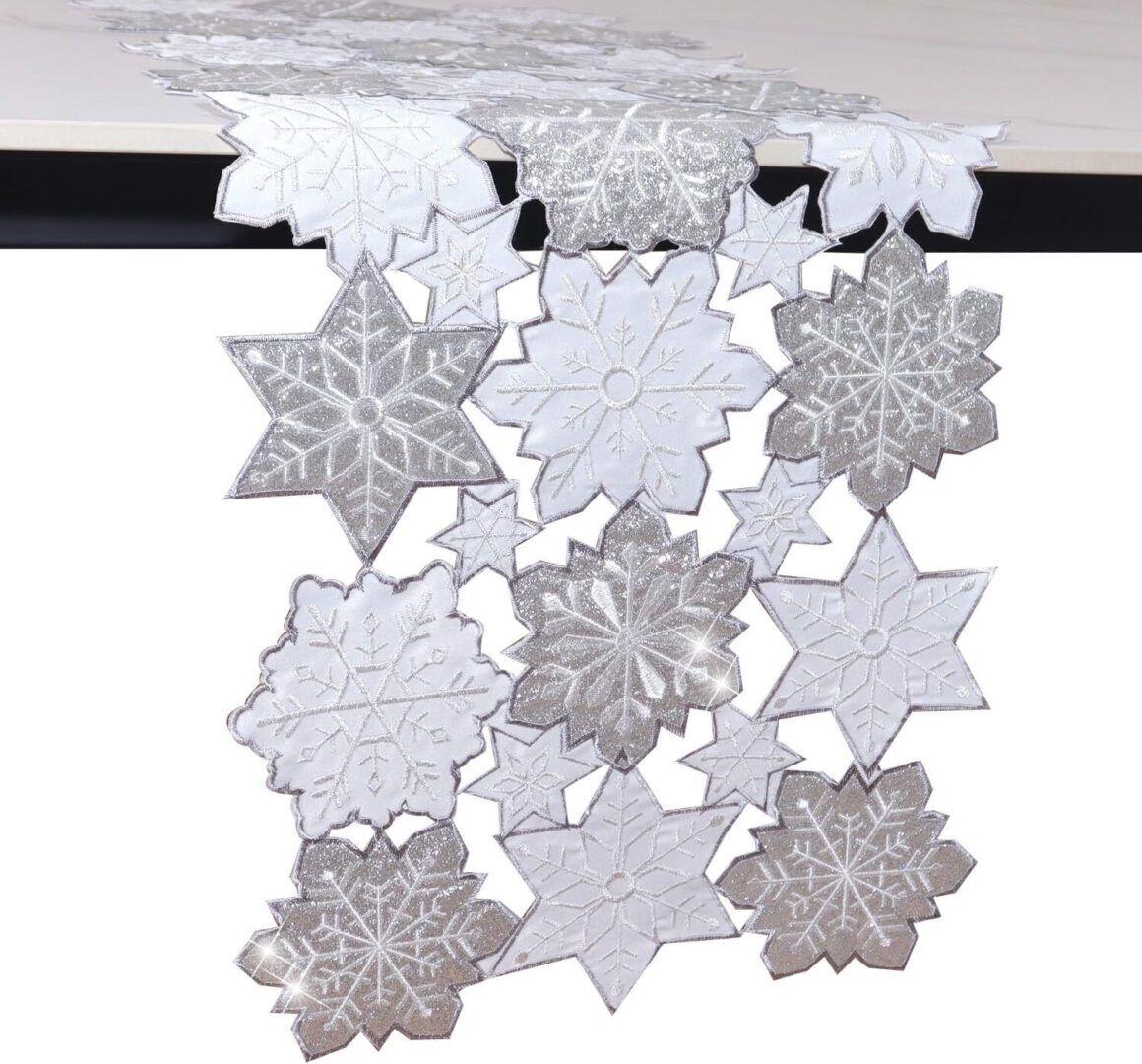 83c0cab11e83a05e7bdf66d3838a04fe.jpg Elegant Silver Snowflake Embroidered Table Runner - 72 Inches Long, Glitter Cutout Design for Festive Holiday Decor in Kitchen, Dining, and Coffee Tables - Image 1
